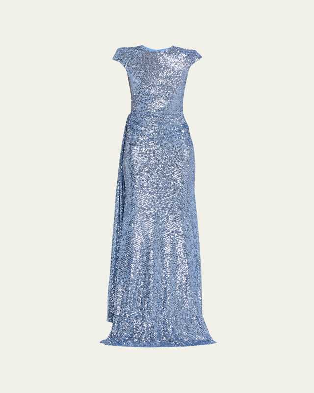 Draped Sequin Cap-Sleeve Gown